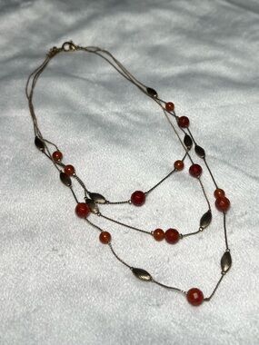 Triple Layered Gold-Tone Necklace with Orange Beads - Women Jewelry